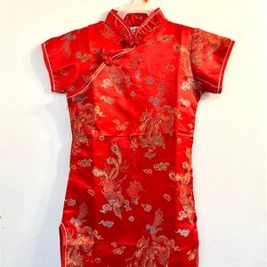 Gently Used  Childs Red Dragon Embroidered Cheongsam Style Dress - Child Size 8